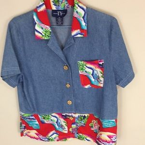 🎈Denim and Tropical Original TY Wear Top with Wooden Carved Buttons 12P